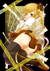 Rule 34 | 10s, 1girl, anni shiro, ass, bad id, bad pixiv id, beret, blonde hair, blush, boots, caution tape, covering face, covering own mouth, covering privates, drill hair, gun, hat, lying, mahou shoujo madoka magica, mahou shoujo madoka magica (anime), no panties, on side, puffy sleeves, rifle, solo, thighhighs, tomoe mami, weapon, yellow eyes