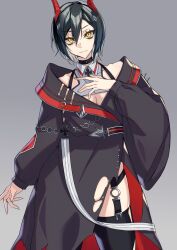 Rule 34 | 1girl, azur lane, bare shoulders, black choker, black coat, black hair, black thighhighs, breasts, choker, cleavage, closed mouth, coat, collarbone, collared shirt, commentary request, cowboy shot, crop top, cross, garter straps, grey background, hair between eyes, hair ornament, hand on own chest, highres, horns, iron cross, long sleeves, looking at viewer, medium breasts, multicolored hair, off shoulder, ouka (sakura oinari), partial commentary, red horns, shirt, short hair, sidelocks, simple background, skindentation, solo, spiked choker, spikes, standing, thighhighs, torn clothes, torn coat, ulrich von hutten (azur lane), white hair, white shirt, yellow eyes