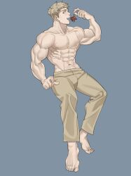 Rule 34 | 1boy, abs, bara, barefoot, blonde hair, bulge, creature, demon, dungeon meshi, eating, facial hair, full body, highres, laios touden, male focus, mango (aziiimango), muscular, muscular male, navel, nipples, pectorals, short hair, sideburns stubble, solo, stubble, thick eyebrows, topless male, v-taper, x x
