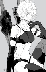Rule 34 | 1girl, absurdres, bare shoulders, black gloves, black shirt, black shorts, black thighhighs, breasts, collarbone, cowboy shot, crop top, elbow gloves, gloves, grey background, greyscale, hair over one eye, hand on own face, highres, looking at viewer, medium breasts, midriff, monochrome, nier (series), nier:automata, nishiii26miii, shirt, short hair, short shorts, shorts, sitting, solo, thighhighs, weapon, weapon on back, a2 (nier:automata)