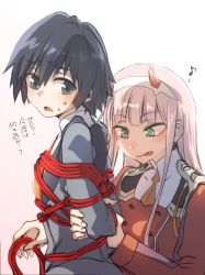 Rule 34 | 10s, 1boy, 1girl, black hair, blue eyes, blush, bound, commentary request, couple, darling in the franxx, green eyes, hair ornament, hairband, herozu (xxhrd), hiro (darling in the franxx), horns, long hair, looking back, military, military uniform, necktie, oni horns, orange neckwear, pink hair, red horns, short hair, sweat, tied up, translation request, uniform, white hairband, zero two (darling in the franxx)