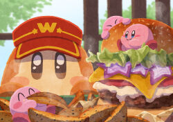 Rule 34 | absurdres, blue eyes, blush stickers, brown eyes, burger, cheese, closed mouth, eating, food, food focus, highres, kirby, kirby (series), lettuce, miclot, nintendo, no humans, pink footwear, potato wedges, sauce, shoes, sparkling eyes, steam, tomato, visor cap, waddle dee, window