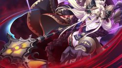 Rule 34 | 1girl, black cape, black gloves, breasts, cape, cleavage, elvire (tenmei no conquista), facial mark, floating hair, game cg, gloves, green eyes, grin, hair between eyes, highres, holding, holding scythe, large breasts, long hair, looking at viewer, scythe, silver hair, smile, solo, tenmei no conquista