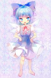 Rule 34 | 1girl, amo (shibu3), barefoot, bloomers, blue dress, blue eyes, blue hair, bow, cirno, dress, hair bow, highres, ice, ice wings, looking at viewer, matching hair/eyes, open mouth, puffy short sleeves, puffy sleeves, shirt, short hair, short sleeves, smile, solo, touhou, underwear, wings