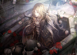 Rule 34 | 1boy, alucard (castlevania), ascot, bishounen, black cape, black coat, black gloves, black pants, blonde hair, cape, castlevania: symphony of the night, castlevania (series), chain, closed eyes, closed mouth, coat, coffin, crack, cracked floor, cross, dhampir, european clothes, flower, gloves, half-human, hands up, holding, holding cross, holding sword, holding weapon, lips, long hair, male focus, open clothes, open coat, pants, red flower, red rose, rose, sheath, sheathed, silk, sitting, solo, spider web, sword, tenyo0819, undead, vampire, weapon, white flower, white rose