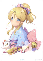 Rule 34 | 1girl, 6u (eternal land), absurdres, ayase eli, blonde hair, blue eyes, character name, hair ribbon, highres, huge filesize, japanese clothes, kimono, love live!, love live! school idol festival, love live! school idol project, ribbon, scan, simple background, solo, white background