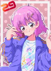 Rule 34 | 1girl, brown eyes, chopsticks, closed mouth, commentary, eating, food, furihata ai, hair ornament, hairclip, hands up, holding, holding chopsticks, jacket, looking at viewer, meat, numbered, open clothes, open jacket, outline, pink hair, polka dot, polka dot background, purple jacket, real life, red background, shirt, short hair, solo, tanabe mupa, white outline, white shirt, wide-eyed