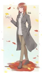 Rule 34 | 1girl, absurdres, autumn leaves, black coat, boots, brown eyes, brown footwear, brown hair, brown pants, casual, closed eyes, closed mouth, coat, commentary, dated, didagger, girls und panzer, gradient background, grey shirt, hand in pocket, highres, long hair, long sleeves, mika (girls und panzer), no headwear, one-hour drawing challenge, open clothes, open coat, outside border, pants, shirt, smile, solo, standing, turtleneck, twitter username, wind