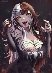 Rule 34 | 1girl, absurdres, black hair, black nails, breasts, cleavage, cosplay, grey hair, hair ornament, highres, holoadvent, hololive, hololive english, large breasts, long hair, looking at viewer, marvel, multicolored hair, open mouth, shiori novella, smile, solo, split-color hair, symbiote, tongue, tongue out, two-tone hair, venom (marvel), venom (marvel) (cosplay), vicarious, virtual youtuber, yellow eyes