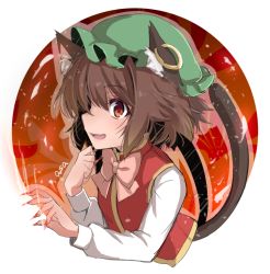 Rule 34 | 1girl, :d, animal ears, artist name, asa (coco), blush, bow, bowtie, brown hair, cat ears, cat tail, chen, earrings, eyebrows, fingernails, green hat, hat, jewelry, long fingernails, long sleeves, mob cap, multiple tails, nail polish, nekomata, open mouth, outside border, pink bow, pink bowtie, red eyes, red nails, red vest, round image, shirt, short hair, smile, solo, tail, touhou, two tails, upper body, vest, white shirt