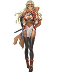 Rule 34 | 1girl, alternate costume, black thighhighs, blonde hair, breasts, cleavage, cleavage cutout, clothing cutout, cuboon, dark-skinned female, dark skin, female focus, fire emblem, fire emblem: the binding blade, fire emblem heroes, full body, hand on own hip, highres, igrene (fire emblem), igrene (ninja) (fire emblem), japanese clothes, kunai, large breasts, long hair, matching hair/eyes, mole, mole under eye, ninja, nintendo, official alternate costume, official art, pelvic curtain, sheath, sheathed, solo, standing, sword, thigh strap, thighhighs, thighs, transparent background, weapon, yellow eyes