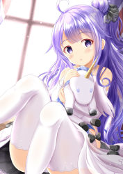 Rule 34 | 1girl, :o, ahoge, azur lane, bare shoulders, black bow, black ribbon, blurry, blurry background, blush, bow, commentary request, depth of field, detached sleeves, dress, feet out of frame, hair bun, hair ribbon, highres, knees up, long hair, long sleeves, looking at viewer, hugging object, one side up, parted lips, purple eyes, purple hair, ribbon, side bun, single hair bun, single side bun, sitting, solo, stuffed animal, stuffed toy, stuffed winged unicorn, thighhighs, unicorn (azur lane), very long hair, white dress, white sleeves, white thighhighs, window, xenon (for achieve)
