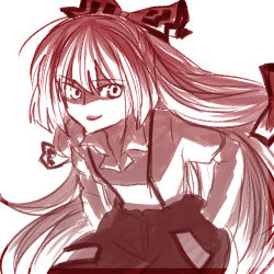 Rule 34 | 1girl, bad id, female focus, fujiwara no mokou, hair ribbon, hand in pocket, hands in pockets, long hair, lowres, monochrome, red theme, ribbon, shaded face, shimomoto, smirk, solo, suspenders, touhou