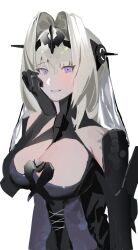 Rule 34 | 1girl, bianca: stigmata (punishing: gray raven), bianca (punishing: gray raven), black bodysuit, black collar, blush, bodysuit, breasts, cleavage, collar, corrupted twitter file, crossed bangs, grey hair, hand on own face, headgear, headphones, highres, large breasts, long hair, mechanical arms, parted lips, punishing: gray raven, purple eyes, sidelocks, solo, tiara, white background, yongsadragon