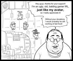 Rule 34 | 1boy, among us, balding, bb (baalbuddy), commentary, english commentary, english text, facial hair, fat, fat man, glasses, greyscale, hat, highres, looking at viewer, mole, mole above mouth, monochrome, original, solo, speech bubble, virtual youtuber, witch hat