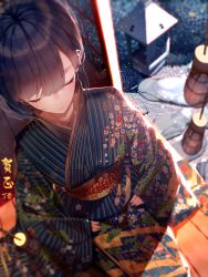 Rule 34 | 1girl, atha (leejuiping), black hair, blunt bangs, blurry, closed eyes, day, depth of field, door, from above, highres, indoors, japanese clothes, kimono, original, short hair, sitting, sliding doors, smoke, solo, wooden floor