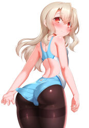 Rule 34 | 1girl, black pantyhose, blonde hair, blue one-piece swimsuit, blush, breasts, closed mouth, competition swimsuit, fate/kaleid liner prisma illya, fate (series), highres, illyasviel von einzbern, long hair, looking at viewer, looking back, one-piece swimsuit, pantyhose, pantyhose under swimsuit, red eyes, simple background, small breasts, smile, solo, swimsuit, two-tone swimsuit, wet, white background, white one-piece swimsuit, zirba