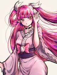 Rule 34 | 1girl, azulasi, barbatos bachiko, black choker, blunt bangs, bow, choker, feather hair ornament, feathers, hair ornament, hand up, highres, japanese clothes, kimono, long hair, mairimashita! iruma-kun, pink bow, pink hair, pointy ears, red eyes, ribbon-trimmed sleeves, ribbon trim, simple background, solo, twintails, very long hair, white background, wide sleeves