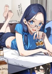 Rule 34 | 2girls, 92m, alcohol, black-framed eyewear, black hair, blue eyes, blue hair, blue scrunchie, blue shirt, bottle, closed eyes, cup, dateko (92m), drinking glass, glasses, highres, kakita (92m), looking at viewer, lying, multiple girls, on stomach, opaque glasses, open mouth, original, scrunchie, shirt, the pose, translation request, wine, wine bottle, wine glass