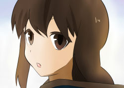 Rule 34 | 1girl, brown eyes, brown hair, fubuki (kancolle), gradient background, kantai collection, kantai collection (anime), kogame, looking at viewer, open mouth, parody, simple background, solo