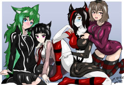 Rule 34 | 4girls, absurdres, animal ears, blue eyes, blush, brown eyes, brown hair, cat ears, cat girl, cat tail, cpt.tester works, crown, elora (cpt.tester), freckles, green hair, group picture, happy, highres, hood, hoodie, jacket, leaning on person, long hair, looking at viewer, multiple girls, necktie, on floor, one eye covered, orange eyes, pink eyes, red hair, red tie, short hair, sitting, sitting on person, skirt, smile, tail, tattoo, thighhighs, wolf ears, wolf girl, wolf tail