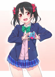 Rule 34 | 10s, 1girl, :d, black hair, blazer, blush, bow, cardigan, gift, hair bow, heart, jacket, komase (jkp423), looking at viewer, love live!, love live! school idol project, open clothes, open jacket, open mouth, red eyes, school uniform, short hair, skirt, smile, solo, twintails, yazawa nico