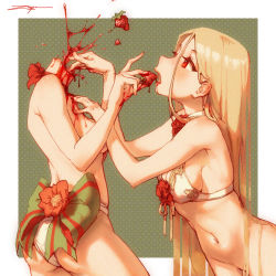 Rule 34 | 2girls, ambiguous red liquid, blonde hair, blush, border, bow, collarbone, feeding, flower, food, fruit, green bow, guro, hair between eyes, highres, holding, holding food, holding fruit, irden (zeniyan), long hair, multiple girls, navel, no pussy, nude, open mouth, original, panties, patterned, patterned background, punica gramatum (zeniyan), red flower, severed head, signature, strawberry, underwear, very long hair, white border, white panties, zeniyan