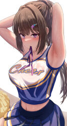 Rule 34 | 1girl, armpits, backlighting, blush, breasts, cheerleader, hair ornament, hairclip, highres, large breasts, long hair, looking at viewer, midriff, navel, original, pleated skirt, pom pom (cheerleading), ponytail, purple eyes, ribbon, see-through, shirt, silver bullet (ecc12 8), sitting, skirt, sleeveless, solo, stained clothes, sweat, sweaty clothes, tying hair, very sweaty, wet, wet clothes, wet hair, white background