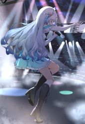 Rule 34 | 1girl, absurdres, bad bilibili id, bad id, black footwear, blue hair, blue skirt, boots, breasts, chinese commentary, closed eyes, doris (hololive), fins, frilled shirt, frills, from side, gradient hair, head fins, highres, holding, holding microphone, hololive, hololive china, leaning forward, medium breasts, microphone, multicolored hair, music, off-shoulder shirt, off shoulder, shirt, silver hair, singing, skirt, solo, virtual youtuber, xiaogu ju