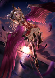 Rule 34 | 1girl, :o, armlet, asymmetrical gloves, black footwear, black gloves, black thighhighs, blush, boots, breasts, cleavage cutout, clothing cutout, commentary request, elbow gloves, feathered wings, feathers, flying, gloves, grey hair, high heel boots, high heels, highres, horns, idolmaster, idolmaster cinderella girls, idolmaster cinderella girls starlight stage, kanzaki ranko, lens flare, light blush, long hair, medium breasts, night, night sky, pleated skirt, purple eyes, purple feathers, purple wings, single elbow glove, skirt, sky, solo, sunrise, thigh boots, thighhighs, uneven gloves, wasabi (mecha karai), wings