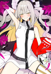 Rule 34 | 1girl, absurdres, arm up, armpits, bare shoulders, blush, breasts, dress, fate/grand order, fate (series), grey hair, hat, highres, jacket, long hair, long sleeves, looking at viewer, marie antoinette (alter) (fate), marie antoinette (alter) (first ascension) (fate), marie antoinette (fate), medium breasts, off shoulder, open clothes, open jacket, short dress, sidelocks, single thighhigh, smile, solo, thighhighs, thighs, two side up, uriuriyukitti, white dress, white hat, white jacket, yellow eyes