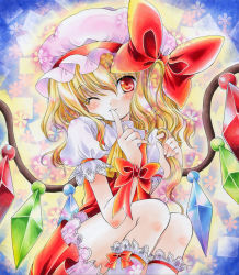 Rule 34 | 1girl, acrylic paint (medium), asymmetrical hair, bad id, bad pixiv id, blonde hair, blush, bow, color ink (medium), dress, embodiment of scarlet devil, female focus, finger to mouth, flandre scarlet, twirling hair, hat, lace, looking at viewer, marker (medium), one eye closed, painting (medium), petticoat, red dress, red eyes, ribbon, seidou (tukinomiyako), shushing, side ponytail, solo, touhou, traditional media, wings, wink, wrist ribbon