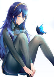 Rule 34 | 1girl, ameno (a meno0), bad id, bad twitter id, black sweater, blue eyes, blue hair, bug, butterfly, butterfly on knee, closed mouth, commentary request, fire emblem, fire emblem awakening, hair between eyes, insect, lips, long hair, looking at viewer, lucina (fire emblem), nintendo, ribbed sweater, simple background, sitting, smile, solo, sweater, tiara, turtleneck, turtleneck sweater, white background