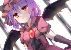 Rule 34 | 1girl, bad id, bad twitter id, bat wings, black bow, black gloves, black wings, blush, bow, brooch, closed mouth, dutch angle, elbow gloves, gloves, hair between eyes, hat, hat bow, jewelry, karasusou nano, looking at viewer, mob cap, pink eyes, pink hat, purple hair, remilia scarlet, short hair, short sleeves, solo, touhou, upper body, wings