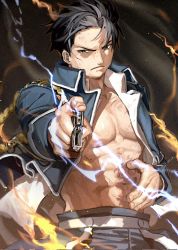 Rule 34 | 1boy, abs, amestris military uniform, black eyes, black hair, blouse, closed mouth, commentary request, fire, fujitachobi, fullmetal alchemist, half-closed eyes, highres, injury, lighter, long sleeves, looking at viewer, male focus, military, military uniform, open clothes, open shirt, roy mustang, scar, scar on face, shirt, short hair, simple background, smoke, solo, squinting, uniform, upper body