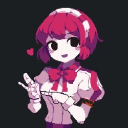 Rule 34 | 1girl, 4qw5, :d, android, black background, black eyes, bow, bowtie, breasts, commentary request, dorothy haze, empty eyes, hairband, heart, joints, looking at viewer, medium breasts, open mouth, penetration gesture, pixel art, puffy short sleeves, puffy sleeves, red bow, red bowtie, red hair, robot joints, shirt, short hair, short sleeves, simple background, smile, solo, upper body, va-11 hall-a, white shirt