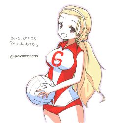 Rule 34 | 10s, 1girl, :d, ball, blonde hair, brown eyes, character name, cowboy shot, dated, girls und panzer, hair pulled back, hair tie, highres, holding, holding ball, long hair, looking at viewer, moro (like the gale!), one-hour drawing challenge, open mouth, ponytail, red shirt, red shorts, sasaki akebi, shirt, short shorts, shorts, simple background, sleeveless, sleeveless shirt, smile, solo, sportswear, standing, twitter username, volleyball (object), volleyball uniform, white background