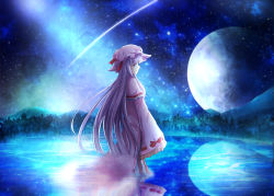 Rule 34 | 1girl, blunt bangs, full moon, hat, long hair, mob cap, moon, mountain, partially submerged, patchouli knowledge, purple eyes, purple hair, ram hachimin, reflection, robe, shooting star, sideways glance, sky, solo, star (sky), starry sky, touhou, tree, wading, water