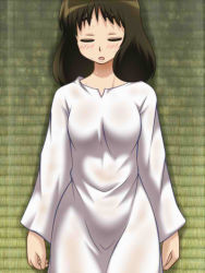 Rule 34 | 00s, 1girl, awa, brown hair, dress, closed eyes, fushimi yayoi, lying, natsu no arashi!, sleeping, white dress