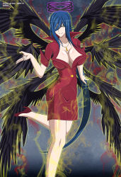 Rule 34 | 1girl, bird wings, black wings, blue background, blue hair, breasts, cleavage, double halo, feathered wings, hair between eyes, hair over one eye, halo, high school dxd, highres, jewelry, kalawarner, large breasts, long hair, multiple wings, necklace, smile, solo, thighhighs, very long hair, wings, yellow eyes, yxyyxy