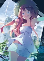 Rule 34 | 1girl, armpits, bare arms, bare shoulders, blue eyes, blue sky, braid, building, camisole, cloud, collarbone, commentary request, day, double scoop, food, haruse hiroki, hat, holding, holding food, ice cream, ice cream cone, long hair, original, outdoors, red hair, ruins, short shorts, shorts, side braid, single braid, sky, skyscraper, solo, straw hat, very long hair, white camisole, white shorts
