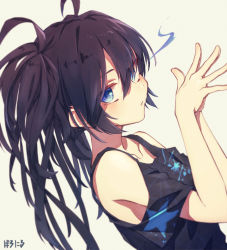 Rule 34 | 1girl, alternate costume, baronilu, black hair, black rock shooter, black rock shooter (character), black shirt, blue eyes, clothing cutout, collarbone, from side, hair between eyes, highres, long hair, print shirt, shirt, short sleeves, shoulder cutout, sketch, solo, twintails, upper body, white background