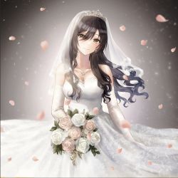 Rule 34 | 1girl, black hair, blush, bouquet, breasts, bridal gauntlets, bridal veil, bride, cleavage, collarbone, dress, earrings, falling petals, flower, gloves, grace 092588, hair between eyes, head tilt, highres, holding, holding bouquet, idolmaster, idolmaster shiny colors, jewelry, lace, lace-trimmed dress, lace-trimmed gloves, lace-trimmed veil, lace trim, large breasts, light particles, long hair, necklace, petals, rose petals, shirase sakuya, smile, solo, tiara, veil, wavy hair, wedding dress, white dress, white gloves