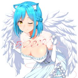 Rule 34 | 1girl, angel wings, animal ears, blood, blue dress, blue hair, braid, breasts, cat ears, clearite, cleavage, dress, elbow gloves, french braid, frills, gloves, large breasts, leaning forward, light blue hair, looking at viewer, moira (nijisanji), mole, mole on breast, mole under mouth, nijisanji, nosebleed, one eye closed, short hair, smile, solo, string, string of fate, virtual youtuber, white dress, white gloves, wings, yellow eyes