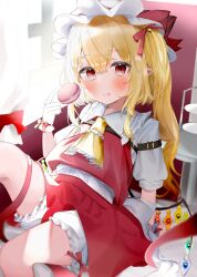 Rule 34 | 1girl, absurdres, ascot, bloomers, blush, center frills, crystal, expressionless, feet out of frame, flandre scarlet, flat chest, food, food on face, frilled shirt collar, frills, hair between eyes, hair ornament, hat, heart, heart hair ornament, highres, holding, holding food, indoors, leaning back, long hair, low wings, mob cap, nano (nazuna0512), on bed, one side up, overexposure, pointy ears, puffy short sleeves, puffy sleeves, red eyes, red skirt, red vest, short sleeves, sidelighting, skirt, skirt set, solo, touhou, underwear, vest, window, wings, yellow ascot