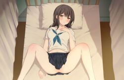 Rule 34 | 1girl, absurdres, bed, black eyes, black hair, black skirt, blue neckerchief, blush, closed mouth, commentary request, curtains, echiru39, hand on own chest, highres, infirmary, long hair, looking at viewer, lying, m legs, midriff peek, neckerchief, no panties, on back, on bed, original, paid reward available, pillow, sailor collar, school uniform, serafuku, shadow, short sleeves, skirt, solo, spread legs, white sailor collar, white serafuku