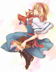 Rule 34 | 2girls, alice margatroid, apron, aqua eyes, blonde hair, blue dress, blue eyes, book, boots, brown footwear, capelet, closed mouth, cross-laced footwear, doll, dress, female focus, frilled apron, frilled capelet, frilled dress, frilled hairband, frills, full body, grimoire, hairband, lace-up boots, long hair, looking at viewer, mary janes, multiple girls, nakatani, red dress, red hairband, sash, shanghai doll, shoes, short hair, socks, touhou, waist apron