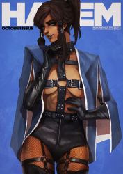 Rule 34 | 1girl, absurdres, avatar legends, belt bra, black gloves, black lips, black pantyhose, black shorts, blue background, blue cape, blue eyes, bondage outfit, breasts, cape, collar, commentary, cover, dark-skinned female, dark skin, elbow gloves, english commentary, eyeshadow, fake magazine cover, fishnet thighhighs, fishnets, garter straps, gloves, hair tubes, hand on own hip, highres, korra, leather, leather gloves, lipstick, magazine cover, makeup, mascara, monori rogue, nose, o-ring, pantyhose, shorts, solo, the legend of korra, thick eyebrows, thighhighs, underboob