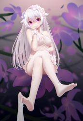 Rule 34 | 1girl, absurdres, bare shoulders, barefoot, blurry, blurry background, breasts, closed mouth, collarbone, commentary request, crossed legs, depth of field, dress, feet, flower, hair between eyes, hair flaps, hair flower, hair in own mouth, hair ornament, han (hehuihuihui), head tilt, highres, long hair, looking at viewer, medium breasts, mini person, minigirl, no shoes, on flower, original, petals, purple eyes, purple flower, sitting, smile, soles, solo, thighhigh dangle, thighhighs, toes, very long hair, white dress, white flower, white hair, white thighhighs