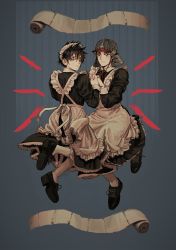 Rule 34 | 2boys, absurdres, alternate costume, artist name, bandages, black eyes, black footwear, black hair, blush, closed mouth, combat knife, cross, dokuga, dorohedoro, enmaided, facial mark, helmet, highres, holding hands, inverted cross, knife, looking at viewer, maid, maid headdress, male focus, multiple boys, neck ribbon, no pupils, r3p4aty bow, red ribbon, ribbon, scar, scar across eye, scar on face, signature, silhouette, tetsujo, weapon, yellow eyes